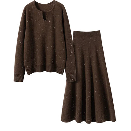Chic Women Sweater Suite Skirt 100% Cashmere A-Line Skirt Autumn Winter Wave Skirt Elastic Knee Length Dress Sequins French Knit PlatiNum