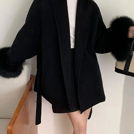 Faux Grey Elegant Casual Winter Belted Mid-Length Overcoat Women's Fashion Outerwear Warm Coat 2025 Fashion Cardigan Jacket