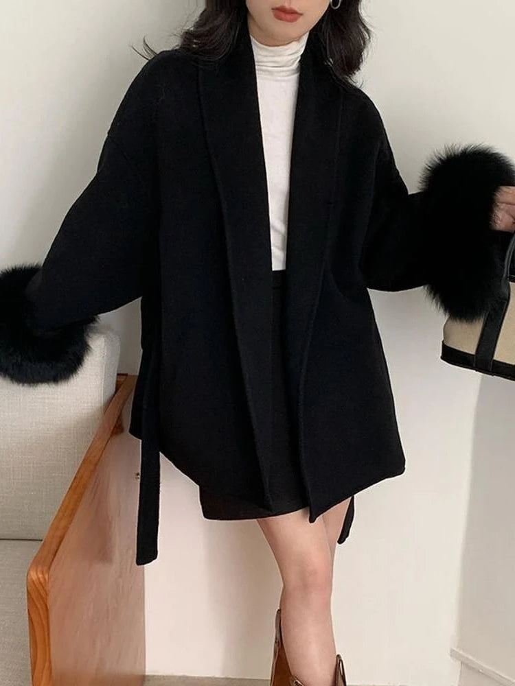 Faux Grey Elegant Casual Winter Belted Mid-Length Overcoat Women's Fashion Outerwear Warm Coat 2025 Fashion Cardigan Jacket