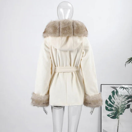 Casual Patchwork Faux Fur Collar Women's Coat Lace Up Pockets Thicken Lady Coats 2026 Autumn Winter Female Street Outerwear