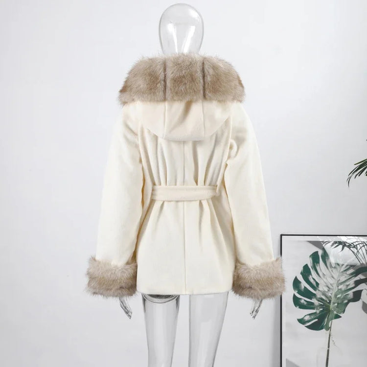 Casual Patchwork Faux Fur Collar Women's Coat Lace Up Pockets Thicken Lady Coats 2026 Autumn Winter Female Street Outerwear