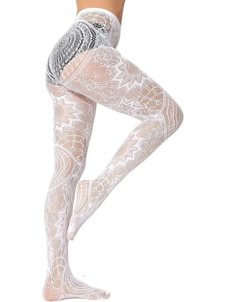 Collant in pizzo bianco da donna, calze a rete floreali retrò, calze lunghe trasparenti a vita alta per feste e cosplay