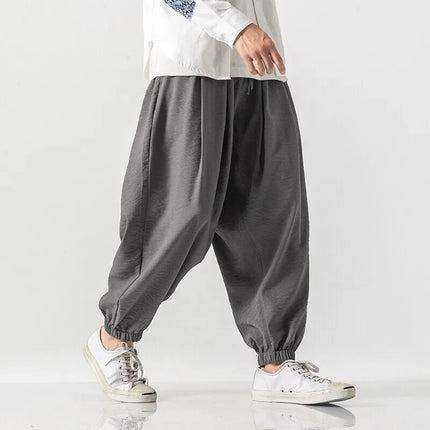 Pantaloni Harem in cotone e lino Pantaloni estivi larghi in tinta unita stile giapponese Pantaloni leggeri comodi e traspiranti casual da uomo