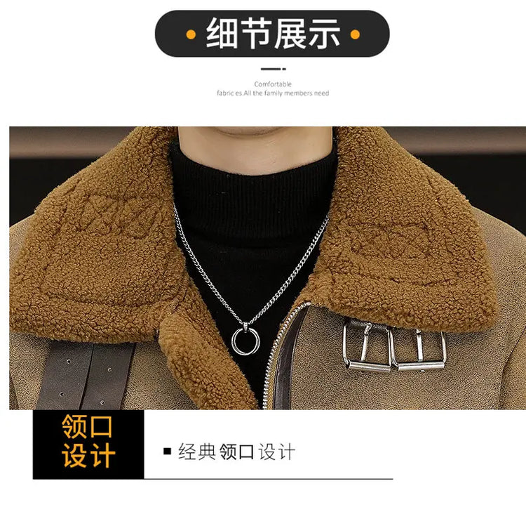 High-quality Faux Fur Leather Jackets Men Splicing Pockets Trend Casual Motorcycle Bike Jacket Winter Thick Warm Coat Streetwear