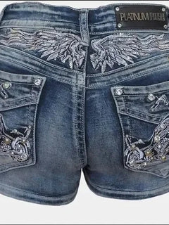 Women Rider Motorcycle Wing Rivet Embroidery Shorts Y2k Vintage Gothic Hot Girl Sexy Washed Denim Shorts Low Waist Mini Skirts