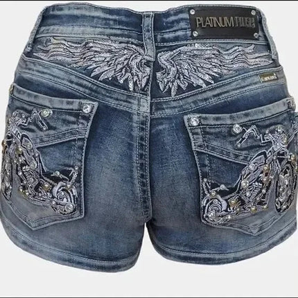 Women Rider Motorcycle Wing Rivet Embroidery Shorts Y2k Vintage Gothic Hot Girl Sexy Washed Denim Shorts Low Waist Mini Skirts PlatiNum