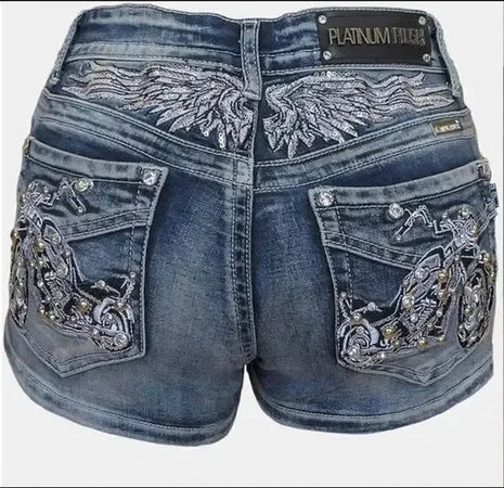 Women Rider Motorcycle Wing Rivet Embroidery Shorts Y2k Vintage Gothic Hot Girl Sexy Washed Denim Shorts Low Waist Mini Skirts PlatiNum