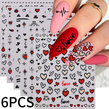 8pc 3D Mixed Color Heart Nail Stickers Valentines' Day Sweet Red Pink Love Selfadhesive Nail Decoration Decals Manicure 2027