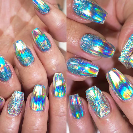 10pcs Holographic Chrome Silver Nail Art Foil Transfer Stickers Irridescent Rainbow Geometric Aurora Laser Nail Foils Decoration 2028