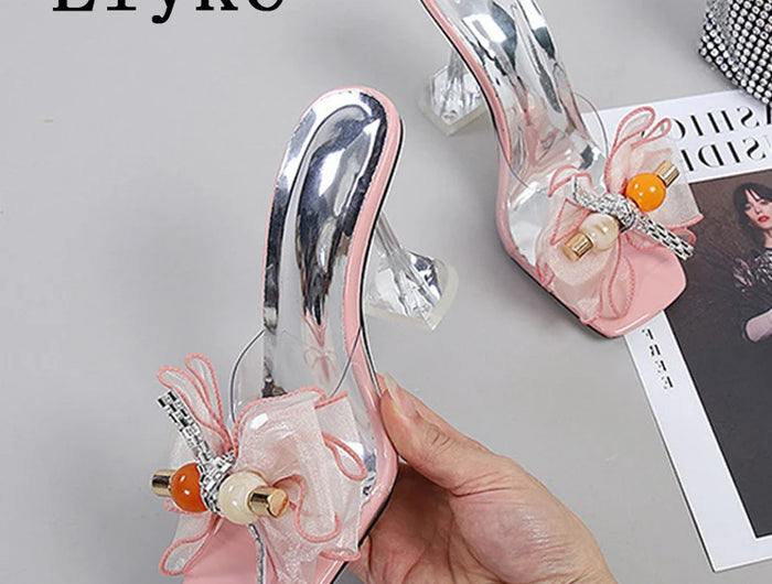 Liyke 2026 Nouvelle Mode 9CM Chaussons à Talon Transparent Filet Rose Nœud Papillon Sandales d'Été Chaussures Transparentes pour Femmes Claquettes Présentations des entreprises de fabrication de jeux