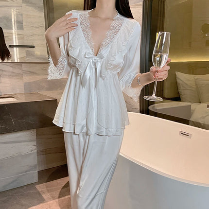Set di indumenti da notte per la casa in raso di pizzo e pizzo da donna, pantaloni con top in pizzo dolce a V profondo, due pezzi di vestiti per la casa di grandi dimensioni bianco nero viola