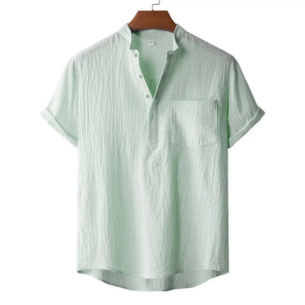 Men's Summer Cotton Linen T-Shirt, Beach Style, Short Sleeve, Henley Neck, for Vacations, Casual, Lightweight, Breathable and Comfortable