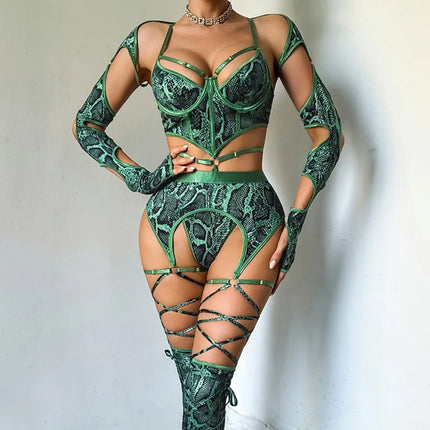 Tornova Erotic Lingerie Personalized Snake Pattern Hollow Strap Design Bodyshaping Sexy Delicate Hot Lingerie Set with Stockings