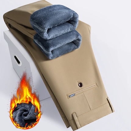 Winter Business Plush Casual Pants Men's Straight Thick Comfortable Brand Fashion Trousers Warm Plush Loose Stretch Pants