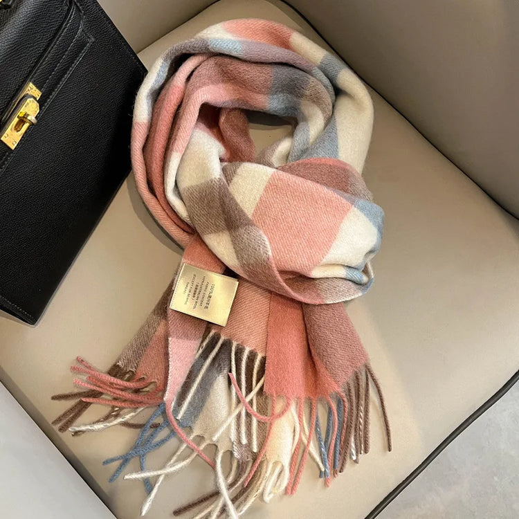 High Quality 100% Pure Wool Scarf Women Classic Chic  Autumn Winter Colorful Plaid Tassel Warm Muffler Female Thermal Shawl Lady