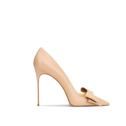Eleganti scarpe con tacco a spillo a punta con fiocco beige da donna in vera pelle 2025 autunno