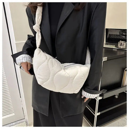 Puffer Shoulder Bag for Women Soft Down Cotton Padded Tote Handbag Purse Quilted Cross Body Bag Solid Color Bubbles Cloud Bag PlatiNum