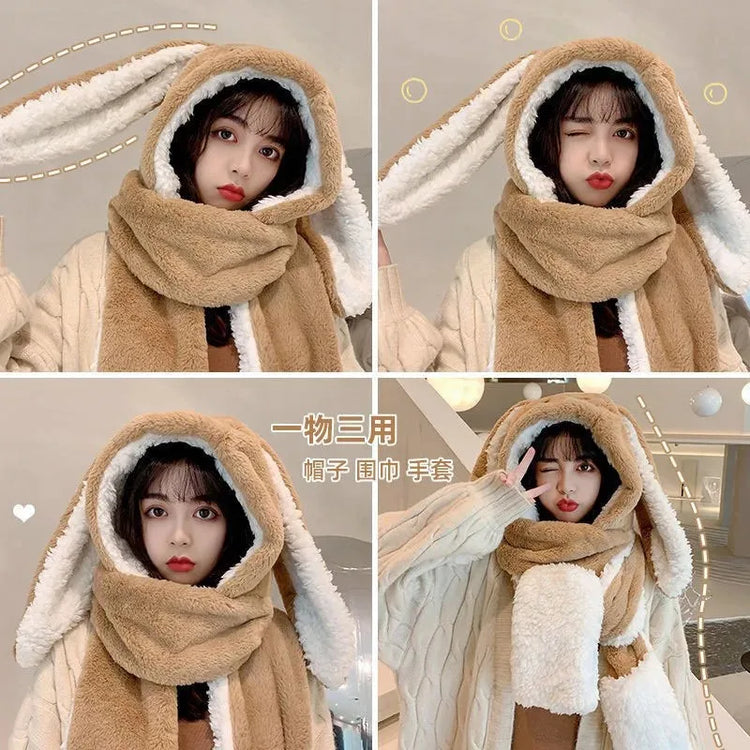 New Fashion Scarf Hat Glove Women Cute Big Ear Bunny Beanie Winter Warm Soft Thickening Pocket Warm Ear Hats Hooded Skullie Caps