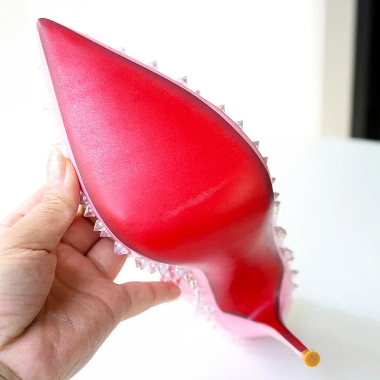 2025 new rivet high heels for women, 12CM pointed shallow mouth single shoes, socialite banquet shoes