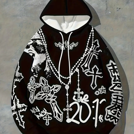 Gothic Cross Graffiti Hoodie Men Women Black Chain Rose Print Casual Pullover Hooded Sweatshirt Hip Hop Sport Streetwear Tops
