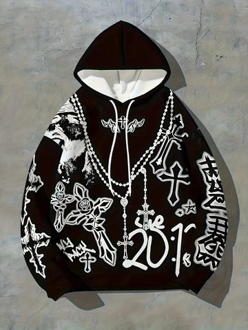 Gothic Cross Graffiti Hoodie Men Women Black Chain Rose Print Casual Pullover Hooded Sweatshirt Hip Hop Sport Streetwear Tops