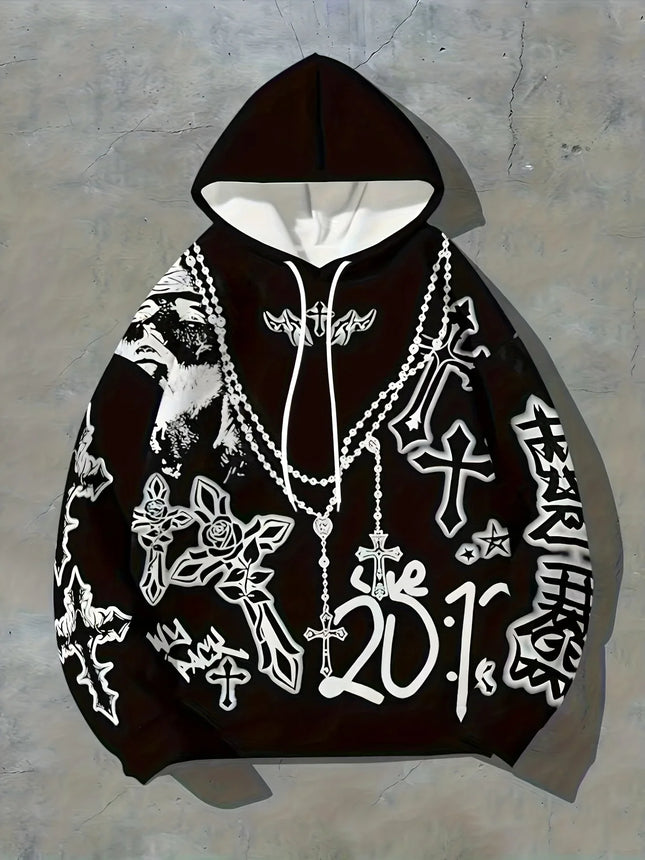 Gothic Cross Graffiti Hoodie Men Women Black Chain Rose Print Casual Pullover Hooded Sweatshirt Hip Hop Sport Streetwear Tops
