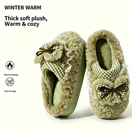 Kawaii Winter Warm Cotton Slippers Women Plaid Bowknot Lace Ruffle Plush Thick Platform Non-Slip Indoor Casual Shoes