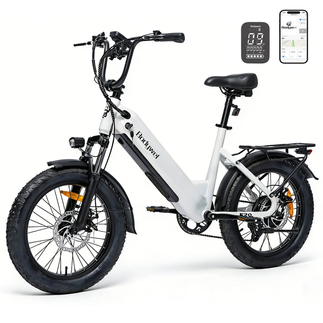 Bodywel F20 500W 48V 15Ah Fat Tire Electric Commuter Bike with 60-80KM Range, 20"x3.0" Fat Tires, 7 Speeds, and Front Suspension for Urban Adults