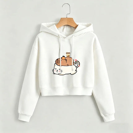 Kawaii Cat with Capybara Cropped Sweatshirt Crop Top Hoodie Y2k Sweatshirts Gothic Casual Style Clothes Pullover