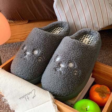Cute Cat Winter Warm Slippers Women Men Fluffy Plush Home Shoes Red Bowknot Plaid Lining Indoor Bedroom Cotton Slides Mules New
