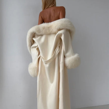 Women's Solid Color Lace Up Fur Collar Woolen Overcoat Bathrobe Style Long Loose Coat Advanced Atmosphere Autumn Winter Overwear