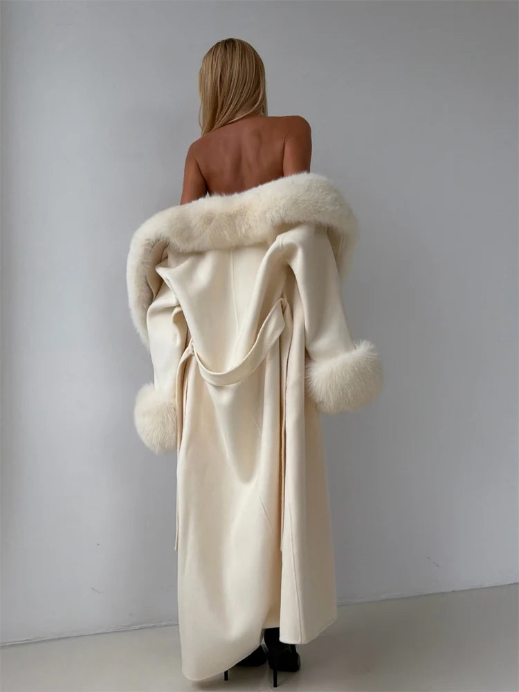 Women's Solid Color Lace Up Fur Collar Woolen Overcoat Bathrobe Style Long Loose Coat Advanced Atmosphere Autumn Winter Overwear