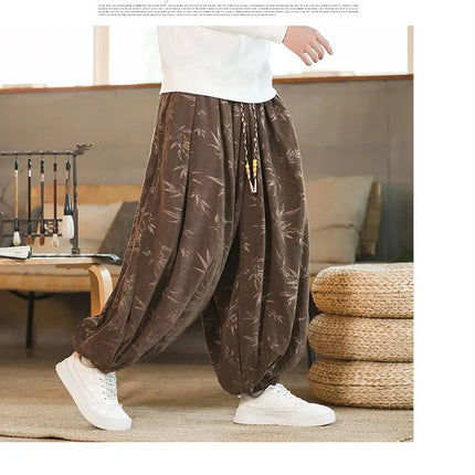 Pantaloni di alta qualità per uomo stile cinese fiore scuro velluto a coste Bloomers casual elastico in vita moda pantaloni larghi a gamba larga maschile