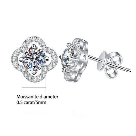925 Sterling Silver 0.5 Carat x 2 Four-Leaf Moissanite Stud Earrings - Classic and Simple Style, Perfect for Parties PlatiNum