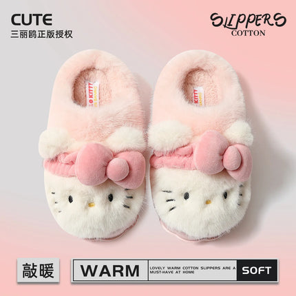 Women Cute Hello Kitty Thick Platform Plush Slippers Warm Fuzzy Non-Slip Bowknots Winter Indoor Bedroom Cozy Fluffy House Slides