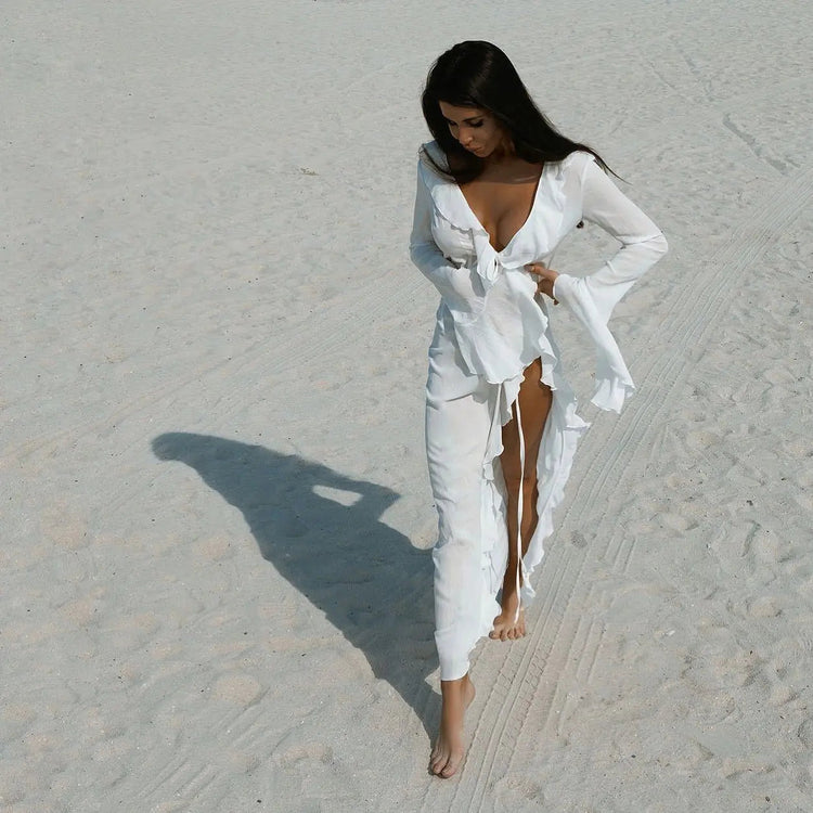 Abbigliamento da spiaggia con protezione solare a maniche lunghe Abbigliamento da donna Sexy scollo a V increspato Nero Bianco Nuova tunica in chiffon Copricostume da spiaggia platinumshop
