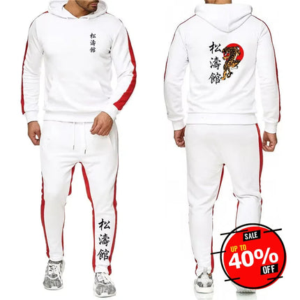 2025 Spring Autumn Shotokan Karate Print Men's Solid Color Hooded Tracksuit Pullover Hoodies+Casual Sweatpants High Street Sets PlatiNum