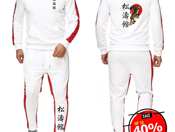 2025 Spring Autumn Shotokan Karate Print Men's Solid Color Hooded Tracksuit Pullover Hoodies+Casual Sweatpants High Street Sets PlatiNum