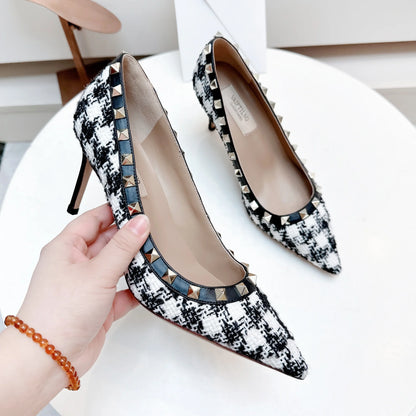 Women's High Heels Black Genuine Leather Rivet Pointed toe pumps luxury designer high quality Shoes Elegant woman heeled shoes