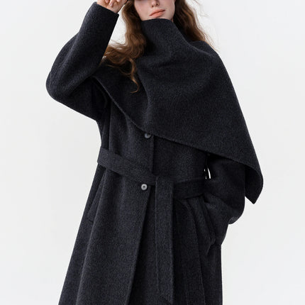 DUSHU Double-faced Wool Coat Detachable Scarf Collar Korean Style Thickened Woolen Long Overcoat for Winter Commute