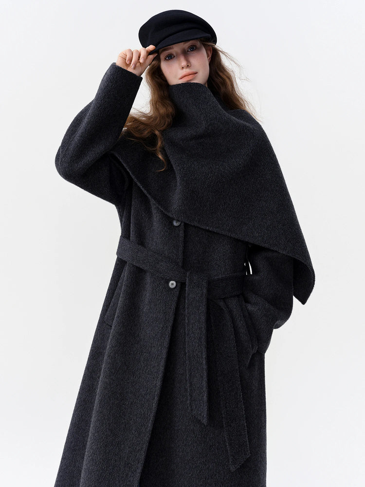 DUSHU Double-faced Wool Coat Detachable Scarf Collar Korean Style Thickened Woolen Long Overcoat for Winter Commute