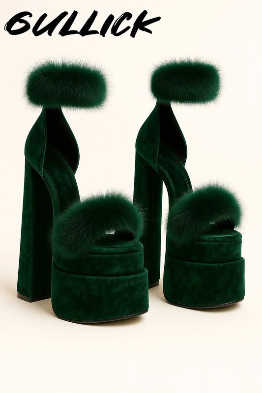 Green Platfrom Fur Heeled Sandals One Strap High Heels Chunky Heel Women Luxury Designer Shoes Summer Sandalias De Mujer  2025