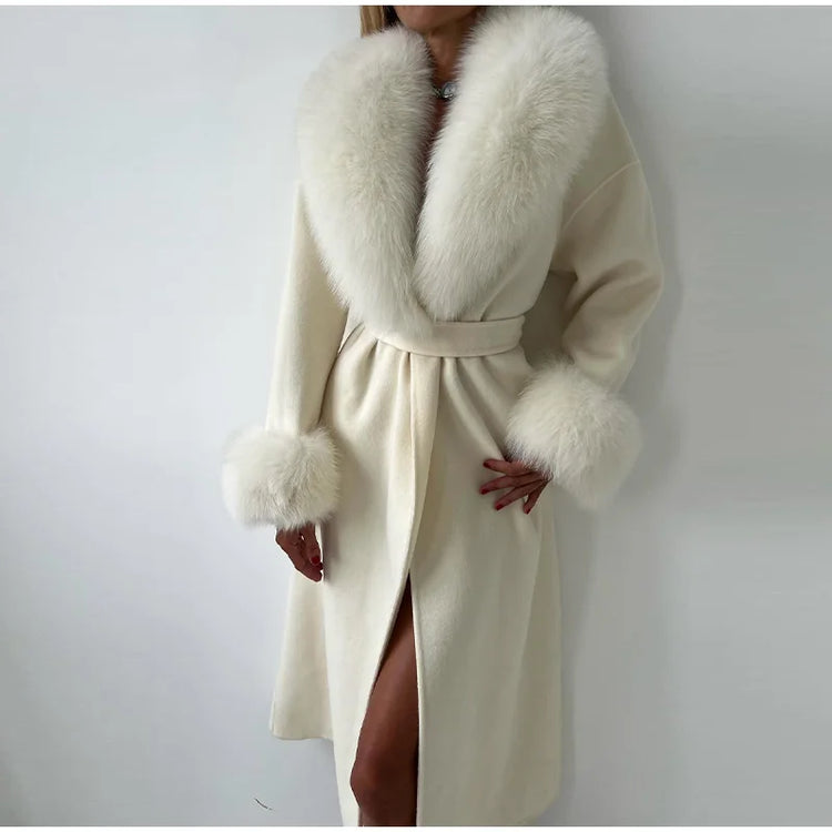 White Fur Patchwork Lace-up Overcoats Women's Street V-neck Full Sleeve Long Woolen Coat 2025 Winter New Ladies Thick Outwear