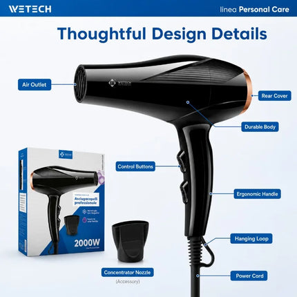 Professional 2000W Ionic Hair Dryer 100‑240V Universal Voltage Blow Dryer Fast Drying With Nozzle Hot Cold Air For Home Salon Hair Styling