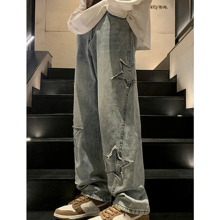 New Fashion Stella a cinque punte Jeans Uomo a vita alta Vintage Streetwear Pantaloni da uomo Baggy Inverno Jeans a gamba larga Denim Abbigliamento uomo