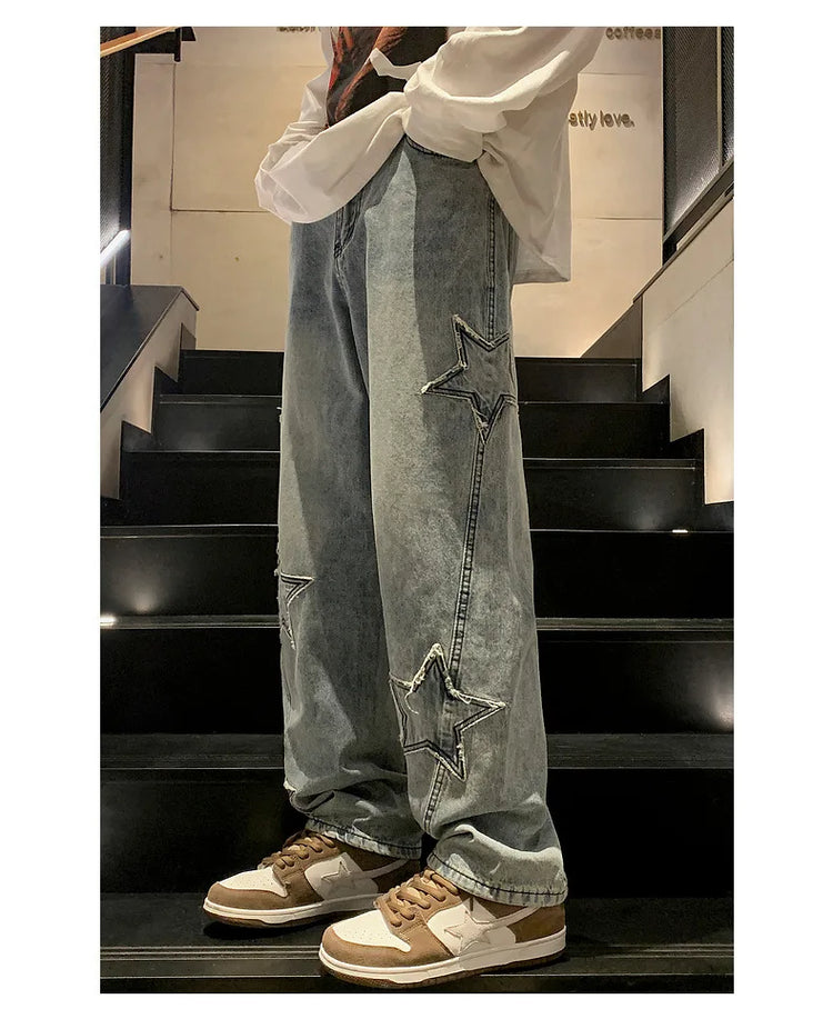 New Fashion Stella a cinque punte Jeans Uomo a vita alta Vintage Streetwear Pantaloni da uomo Baggy Inverno Jeans a gamba larga Denim Abbigliamento uomo