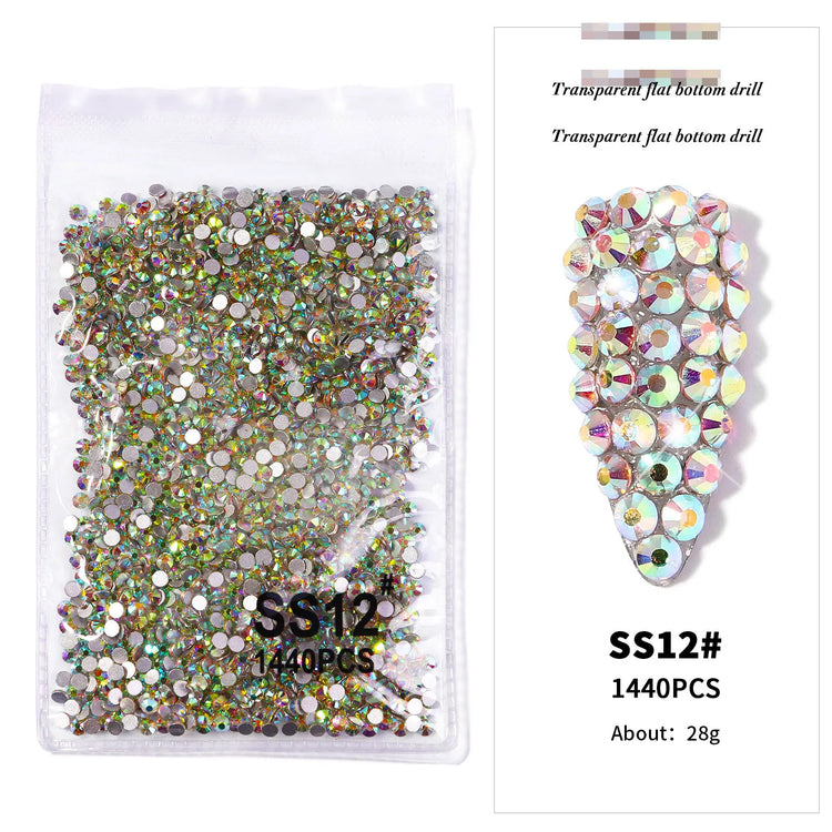 AB/Clear 1 Bag Nail Rhinestones Sizes SS3-SS12 1440 pcs Nail Art Decoration Flatback Glass Stones Shiny Gems DIY Gems nail accessories