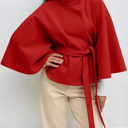 Autumn And Winter New Fashion Solid Color Cloak Stand-up Collar Button Belt Windbreaker Jacket Women's Temperament Commuting Top