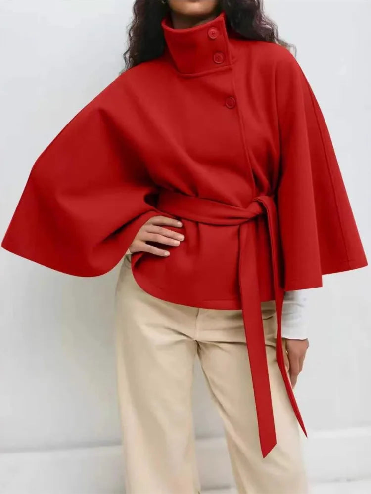 Autumn And Winter New Fashion Solid Color Cloak Stand-up Collar Button Belt Windbreaker Jacket Women's Temperament Commuting Top
