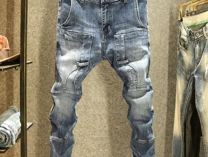 2025 Spring Autumn Korean Luxury Clothing New Cargo Brand Tooling Jeans Men's Slim High Street Men's Splicing Patch Trousers PlatiNum